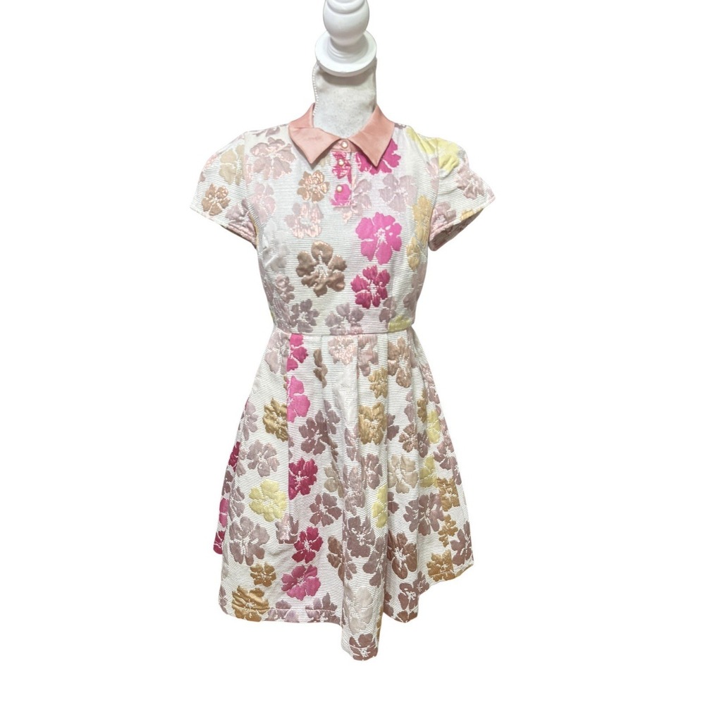 Modcloth Metallic Floral Brocade Midi Dress With Collar, Size Medium